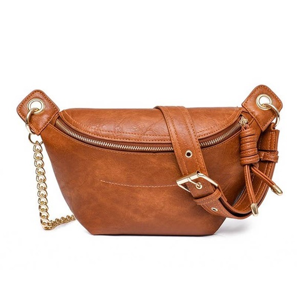 Boutique Handbags - SOLD OUT Luxe Vegan Leather Cognac Convertible Sling Belt Bum Bag Gold Chain